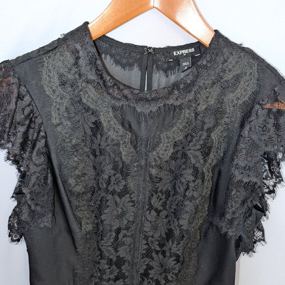 Express | Black Lace Organza Short Sleeve Peplum Top | Size Small - Picture 6 of 13